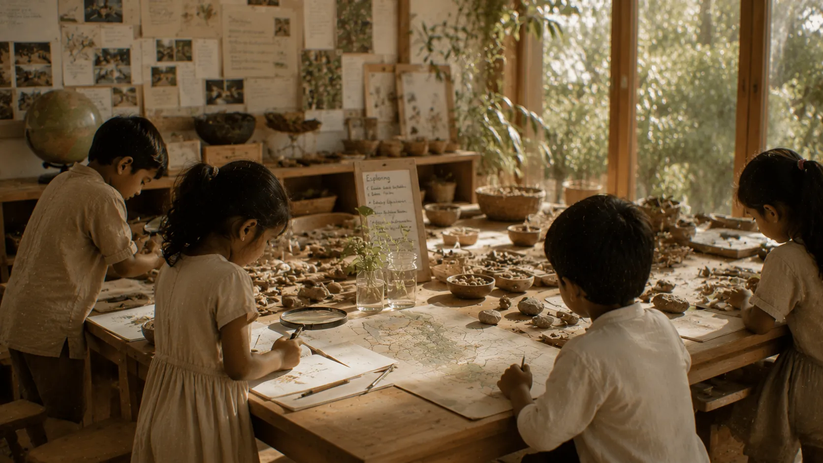 Young children collaborating on a construction with loose parts