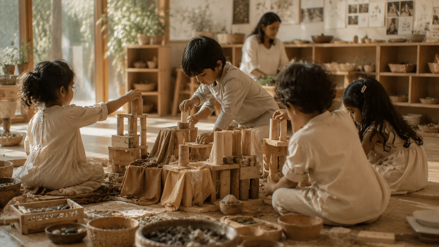 A toddler exploring textured natural materials beside a calm, attentive educator